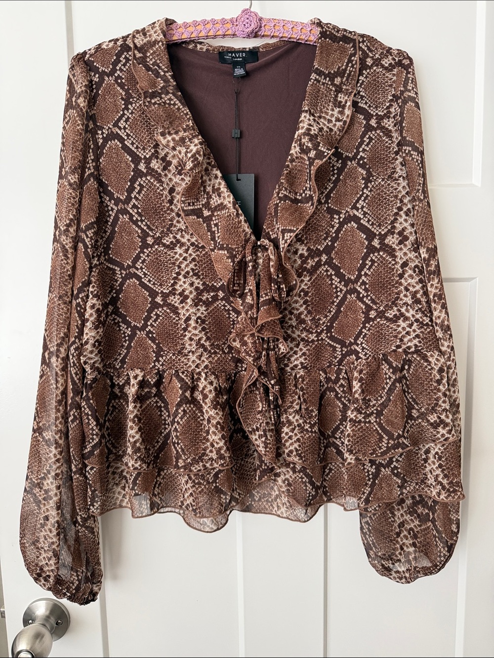 Brown Snake-Print Ruffle V-Neck Women's Top - Size L